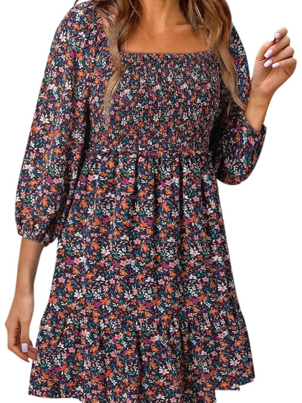 Amazon Floral Smocked Square-Neck Mini Dress - Black Multi Floral
